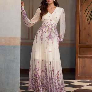 V Neck Lace Boho <strong>Dress</strong> Flowy Fall Wedding Party Guest <strong>Dresses</strong> Long Sleeve Maxi White <strong>Dresses</strong> for Woman Elegant - Product Image 2