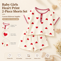 Ensemble 2 pièces short en gaze froissée à imprimé cœurs en coton pour bébés filles – Tenue douce été-automne pour tout-petits