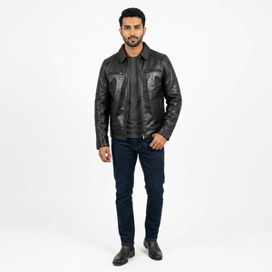 Custom 2026 Genuine Cow Skin <b>Leather</b> Varsity <b>Jacket</b> for <b>Men</b> Vintage Style Solid Pattern Coated Fabric Stand Collar Woven Front - Product Image 1