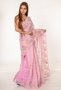 Sari de Diseño Color Malva con Bordado Floral de Kota Tussar para Mujer, Ideal para Festivales, Bodas y Celebraciones Culturales - Product Image 4