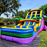Toboggan aquatique gonflable commercial en promotion, toboggan aquatique double piste avec palmiers tropicaux pour fêtes d'enfants