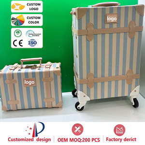 Custom Luxury Vintage Carry on Luggage Set <strong>Blue</strong> Strip Cabin Luggage PU Leather Cute Designer Trunk <strong>Suitcase</strong> with Makeup Case - Product Image 1