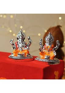 Silver Plated Ganesh Lakshmi Murti Set 2.7 Inch Hindu Religious Idol Decorative <b>Statue</b> Pooja Home Temple Decor Gift - Product Image 6