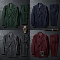 Jas Bisnis Pria Warna Hijau Racing Kerah V Double Breasted Bahan Wol OEM Custom Savile Row Modern Inggris Anti Kusut Jahitan Rapi