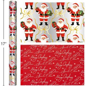 Christmas Reversible Wrapping Paper Roll 17x33 Feet Silver Santa Red Letters Gift <b>Wrap</b> Craft Decor - Product Image 6