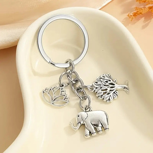 DIY Handmade Elephant Keychain Alloy Cute Animal Elephant Tree Lotus Pendant Keychain