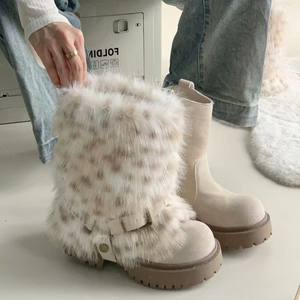 حذاء برقبة شتوي نسائي نهائي للثلج منتصف الساق من الفرو الصناعي غير رسمي حذاء تزلج مطاطي مسطح مقاوم للماء بتصميم الخريف - Product Image 2