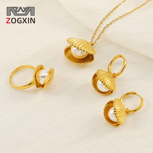 Zogxin Pearl Shell Jewelry Set 18k Gold Plated Titanium Steel Necklace Earrings Ring Women's Fashion Everyday Wear - Product Image 1