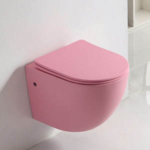 Inodoro de dos piezas sin borde, suspendido en la pared, de cerámica rosa, para baño, con descarga por arrastre. - Product Image 1