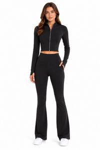 Set da Donna con Felpa Corta Nera con Zip e Pantaloni a Vita Alta a Zampa d'Elefante, Aderente e Traspirante per Tutte le Stagioni - Product Image 1