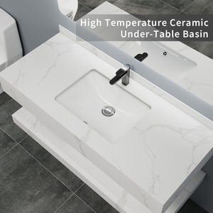 Mueble de Baño Moderno de Pared con Aspecto de Mármol Blanco, Personalizado al por Mayor, con Doble Estante de <span class=keywords><strong>Piedra</strong></span> y Espejo LED para Hotel - Product Image 5