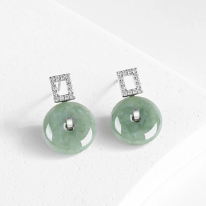 Natural genuine A-grade jade green bean-shaped <b>stud</b> earrings with a peace charm, icy-grade jade, S925 <b>silver</b>, women's style - Product Image 3