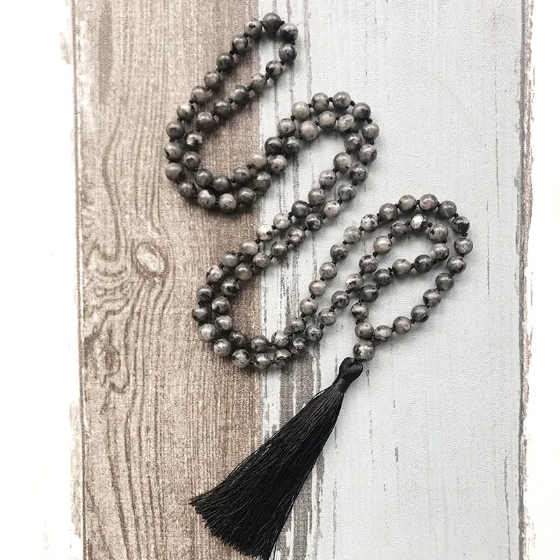 ST0629 8mm Black Lavrakite Mala Necklace For Men's Gift 108 Hand Knotted Mala Jewelry Long Tassel Healing Stone Necklace
