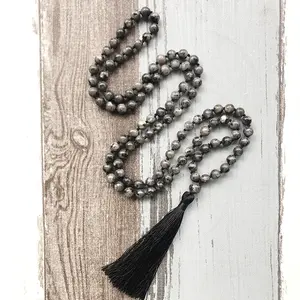 ST0629 8mm Black Lavrakite Men's Gift 108 Hand Knotted Mala Jewelry Long Tassel Healing Stone Necklace