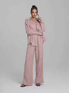 Elegante Set da <span class=keywords><strong>donna</strong></span> Color pelle di <span class=keywords><strong>lino</strong></span> a maniche lunghe camicia tinta unita <span class=keywords><strong>pantaloni</strong></span> <span class=keywords><strong>larghi</strong></span> stile Casual per il pendolarismo di <span class=keywords><strong>lino</strong></span> 100% - Product Image 1