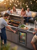 Cuisine BBQ Modulaire à Gaz Extérieure avec Réfrigérateur Intégré - Unité de Cuisson Multifonctionnelle en Acier Inoxydable à Hauteur Réglable pour Jardin