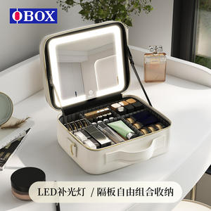 Bolsa de maquillaje OBOX de 12 pulgadas con luz y espejo, capacidad media, elegante estuche de viaje con patrón de diamantes a cuadros. - Product Image 3