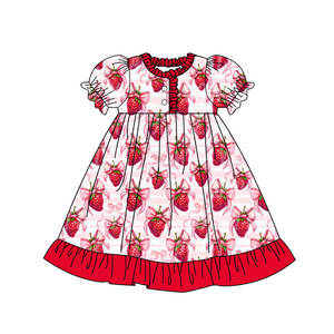 GSD2830 Robe d'été respirante personnalisée pour bébés filles, longueur genou, avec nœud fraise, en coton spandex, vente en gros - Product Image 1
