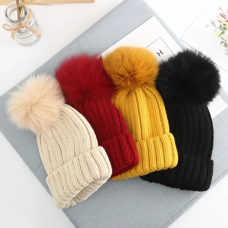 Women ladies kids fashion rib thick knitted hat with turn cuff and a removable genuine real fox fur pom STOCK WHOLESALE