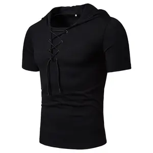 Toptan yüksek kaliteli pamuk kapşonlu tee özel baskı v boyun dantel İpli spor erkek t shirt