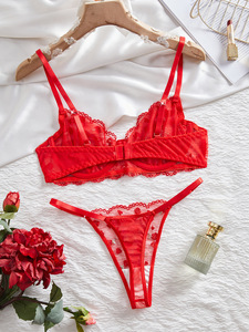 Rose & Heart Embroidery Lace Lingerie Set Sexy Sheer Mesh Underwire <b>Bra</b> and Thong Panties Set French Style Underwear Set OEM ODM - Product Image 6