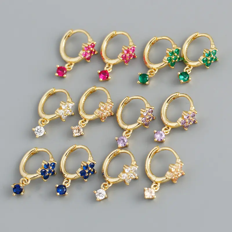 925 Sterling Silver Earrings Multi Color Gold Plated Hoop Zirconia Stone Flower Dangle Earring Jewelry for Women EH1287