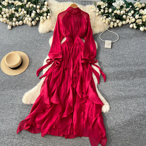 <strong>Romantic</strong> Bow <strong>Dress</strong> Women Long Sleeve Ruffle Hem Knit Waist Tie Elegant Gown Fall Winter Fashion - Product Image 4