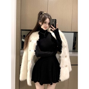 High Neck Long Sleeve Dress Tight Waist Pleated Skirt Solid Color Casual Daily Wear Gray Black Women's Autumn Winter Style - Product Image 4