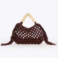 Sac fourre-tout quotidien en coton crocheté style chic coréen couleur bonbon pour femme, sac à main tissé pour la plage et les voyages avec poignée en perles de bois et pompons