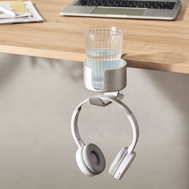 Clamp-On Universal Under Desk Headphone Holder Hanger Headset Stand With Cup Holder 360 Degree Rotation Hook