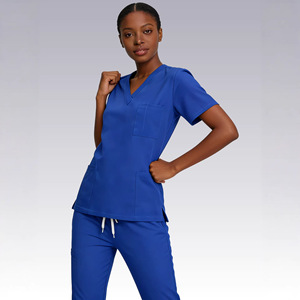 HZMNOI Scrub Suit Women Blue V-Neck Short Sleeve Split Set Moisture Wicking Hospital Uniforms - Product Image 1