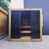 Cabine de sauna extérieure minimaliste carrée, lignes épurées, bois massif, sauna moderne pour jardin
