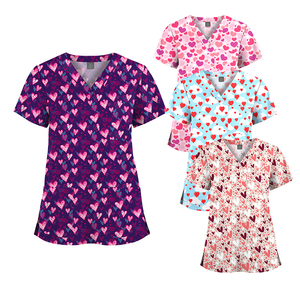 Tous les imprimés Tops Femmes Stretchy V-neck Short Sleeve Cute Geometric Patterns Printed Holiday Nursing Pocketed Breathable Uniforms - Product Image 4