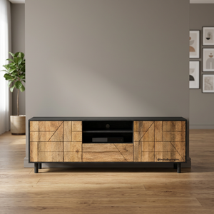 Solid Mango Wood TV <b>Media</b> Cabinet with Dual Finish, Storage Doors & Open <b>Shelf</b> | Modern Wooden Entertainment Unit - Product Image 1