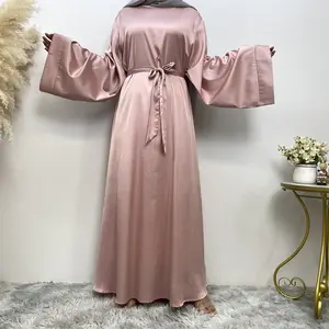 DL204 New fashion Modest Dresses Satin women dress long sleeves casual kimono abaya Islamic Clothing Solid Color skirt in stock