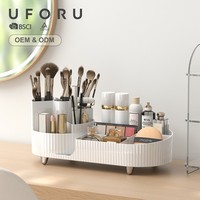 UFORU Vassoio Organizzatore Trucchi Bianco in PET, Contenitore Cosmetici Girevole a 360 Gradi, Porta Pennelli da Toeletta, Espositore da Banco