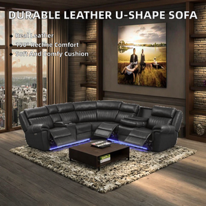 Contemporary Genuine Leather U-Shape Sectional Ottoman Convertible and Extendable <b>Pet</b> Friendly for Apartment Living Room Use - Product Image 2