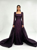 Robe de soirée de luxe de Dubaï, style arabe, à manches longues, col carré, avec corsage corset orné de fleurs 3D, de perles et de paillettes, et traîne, pour soirée musulmane