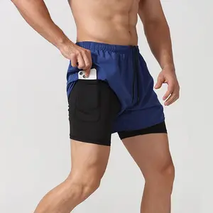 Short de gym fitness compression logomens personnalisé pour hommes séchage rapide double couche taille plus short de course de plein air pour hommes avec poche
