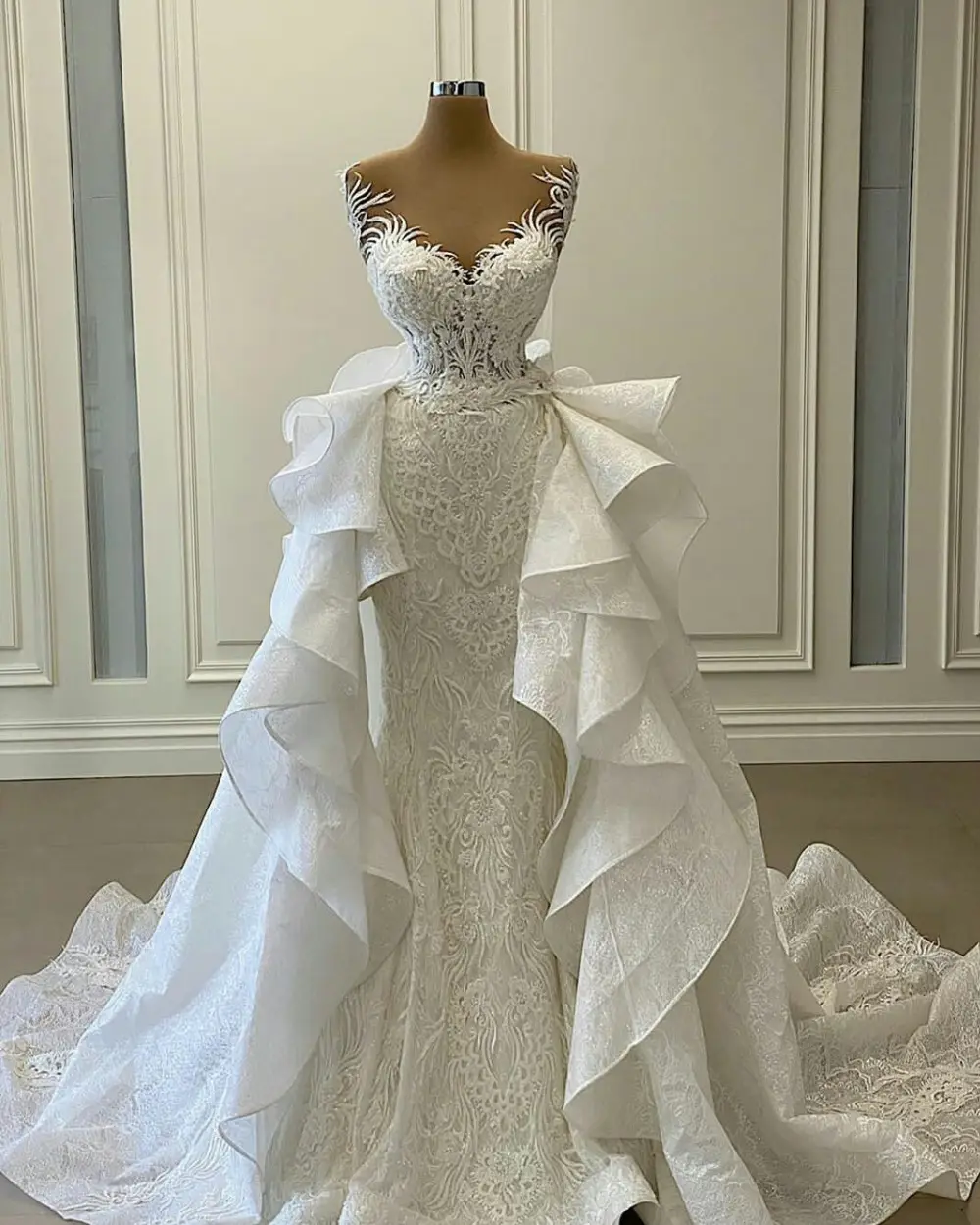 FA259 2022 White Mermaid Wedding Dresses with Detachable Train Ruffles Lace Appliqued Bridal Gowns Plus Size Vestidos de novia