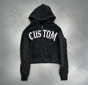 Custom Heavyweight Cropped Cotton Zip Up Rhinestone Sleeve <b>Gothic</b> Print Streetwear Y2K Grunge Men's <b>Hoodie</b> - Product Image 1