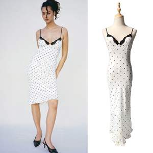 Robe nuisette vintage en soie à pois pour femme, élégante, en dentelle et georgette, coupe biais, longueur genou, respirante, effet ventre plat, ODM - Product Image 2