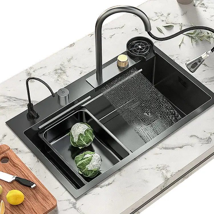 Черный Подмонтированный роскошный 304 из нержавеющей стали современный умный многофункциональный водопад раковина кухня