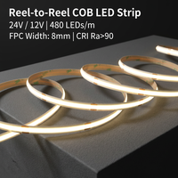 Bandes LED COB Ra90 480 perles, 8 mm de large, protection IP20, dimmables, durée de vie de 50 000 heures, DC 12V/24V