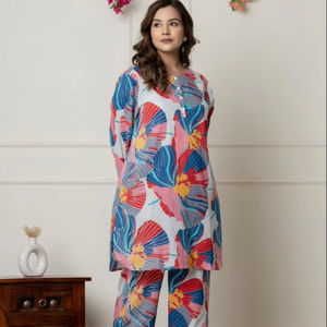 <b>Blue</b> Botanical Printed Daily Casual Co-ord Set Round Neck Slit Floral Print <b>Long</b>-<b>Sleeved</b> Kurta-Style <b>Top</b> Buttoned Placket Pairs - Product Image 1