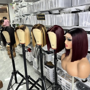 Rambut Asli 100% Virgin Cuticle Aligned Warna Ombre Pirang Double Drawn 4x4 HD Lace Front Closure Wig Bob Pendek - Product Image 2