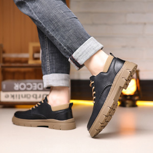 Chaussures habillées en cuir pour hommes, bout rond, à lacets, semelle extérieure en caoutchouc amortie, doublure en peluche, couleur unie, pour automne, mariage, décontractées ou formelles - Product Image 3