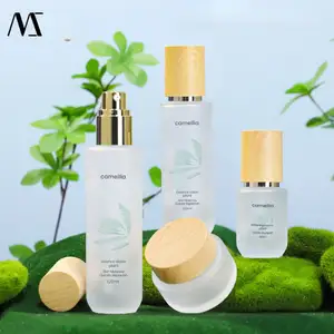 Round Bottom Wood Grain Lid Cosmetic Glass Packaging Set Lotion Essence Serum Containers Pump Head Glass Bottles