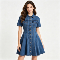 Robes en jean d'été pour femmes, robe courte en jean classique à col rabattu et manches courtes à simple boutonnage pour femmes