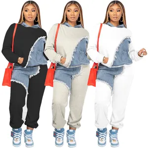 Trendy Women Clothes Fall Outfits Patchwork Hooded Street Wear Plus Size Women Clothing 2 Piece Set